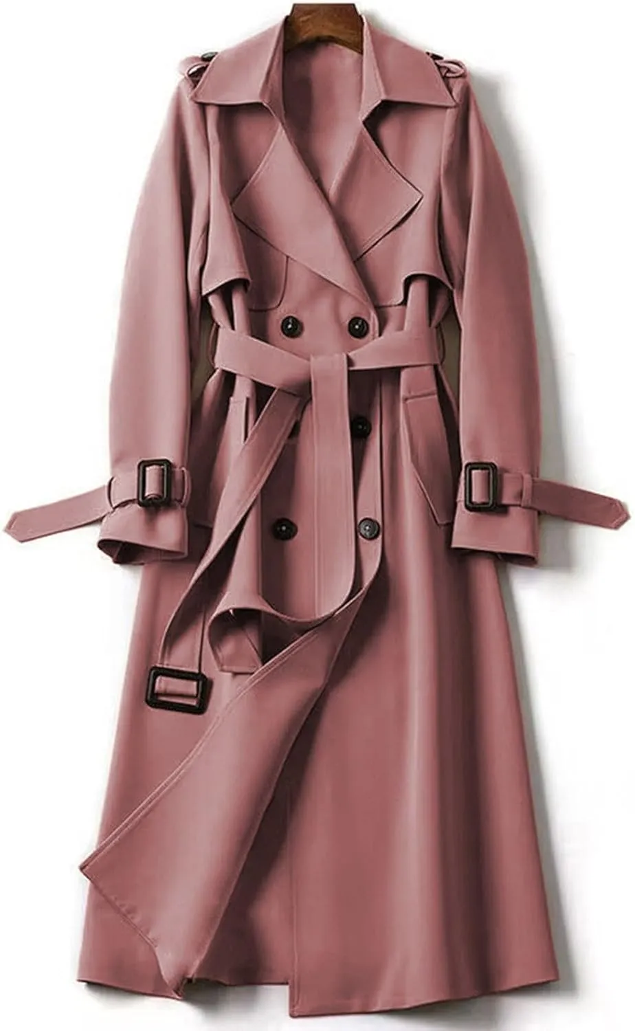 Women's Double Breasted Long Trench Coat Windproof Classic Lapel Slim Overcoat with Belt