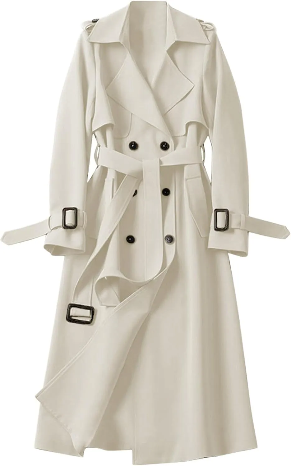 Women's Double Breasted Long Trench Coat Windproof Classic Lapel Slim Overcoat with Belt