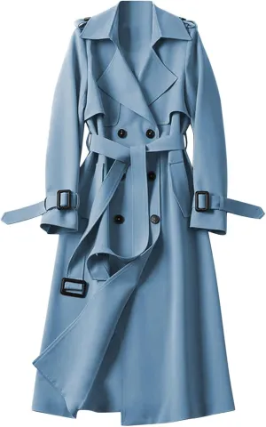 Women's Double Breasted Long Trench Coat Windproof Classic Lapel Slim Overcoat with Belt