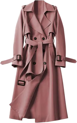 Women's Double Breasted Long Trench Coat Windproof Classic Lapel Slim Overcoat with Belt