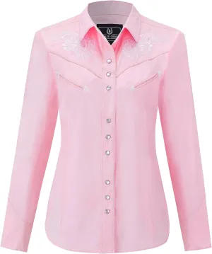 Women's Embroidered Western Cowgirl Slim Fit Shirt Snap Button Down Long Sleeve Shirt with Floral Embroidery