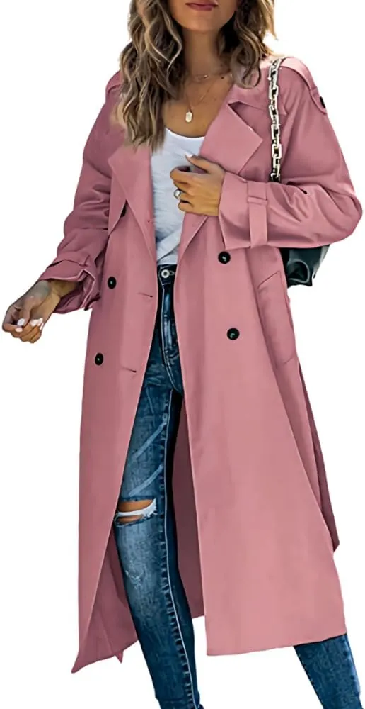 Womens Fall Windproof Double Breasted Long Trench Coat Comfy Loose Classic Lapel Belted Overcoat Jacket with 2 Pockets