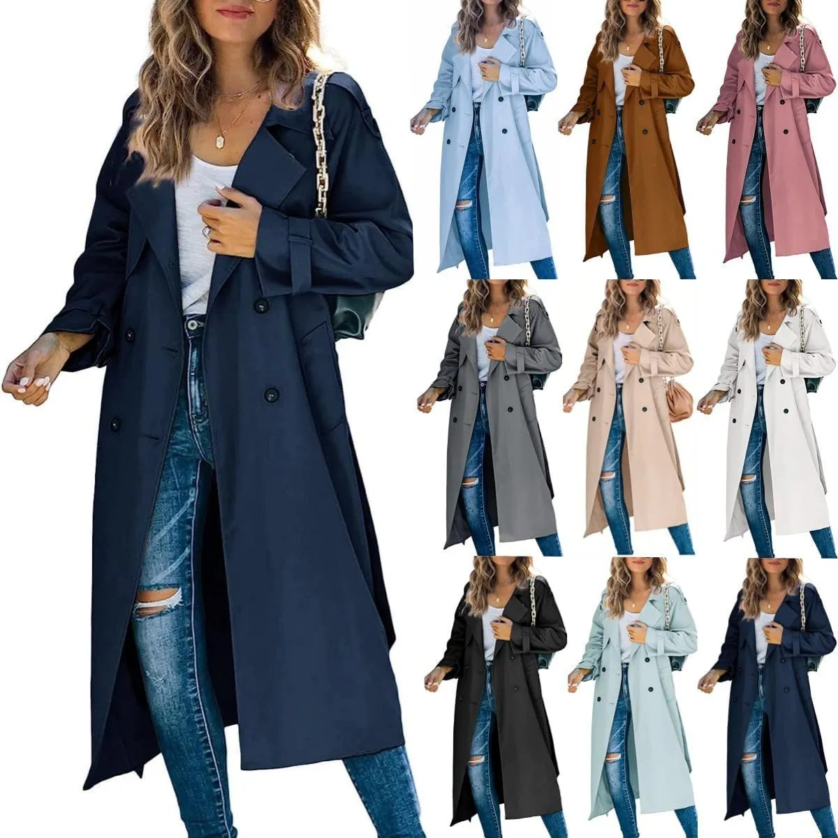 Womens Fall Windproof Double Breasted Long Trench Coat Comfy Loose Classic Lapel Belted Overcoat Jacket with 2 Pockets