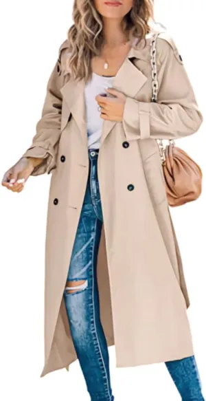 Womens Fall Windproof Double Breasted Long Trench Coat Comfy Loose Classic Lapel Belted Overcoat Jacket with 2 Pockets