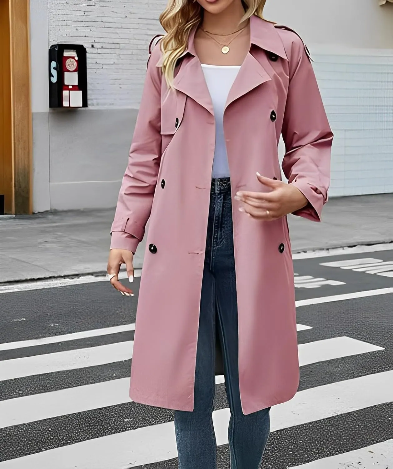 Womens Fall Windproof Double Breasted Long Trench Coat Comfy Loose Classic Lapel Belted Overcoat Jacket with 2 Pockets