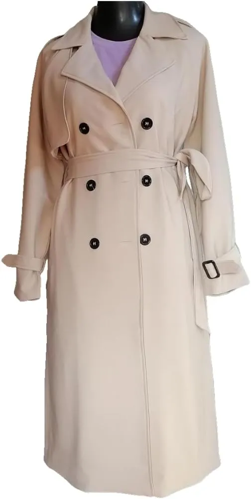 Womens Fall Windproof Double Breasted Long Trench Coat Comfy Loose Classic Lapel Belted Overcoat Jacket with 2 Pockets