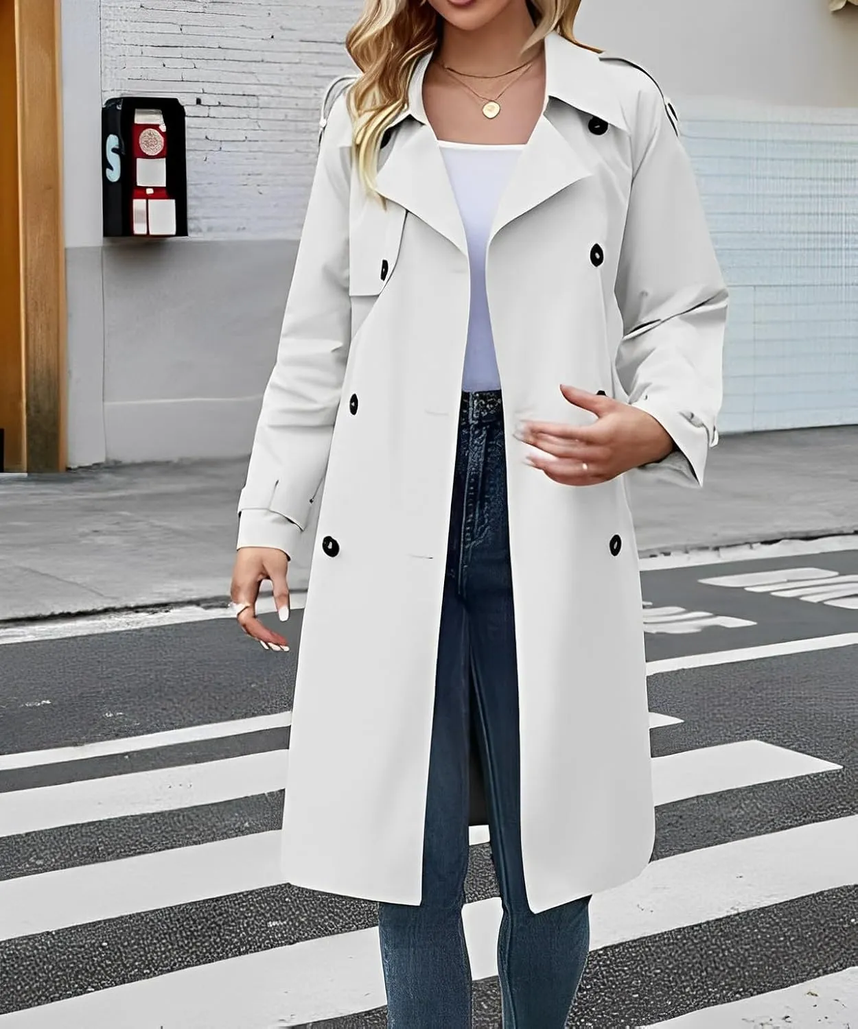 Womens Fall Windproof Double Breasted Long Trench Coat Comfy Loose Classic Lapel Belted Overcoat Jacket with 2 Pockets