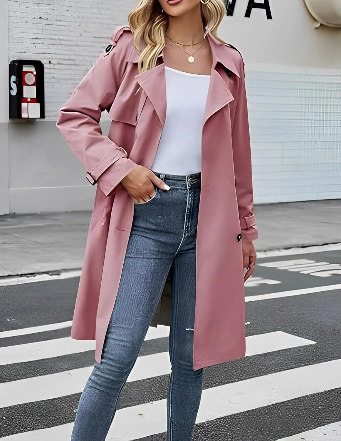 Womens Fall Windproof Double Breasted Long Trench Coat Comfy Loose Classic Lapel Belted Overcoat Jacket with 2 Pockets