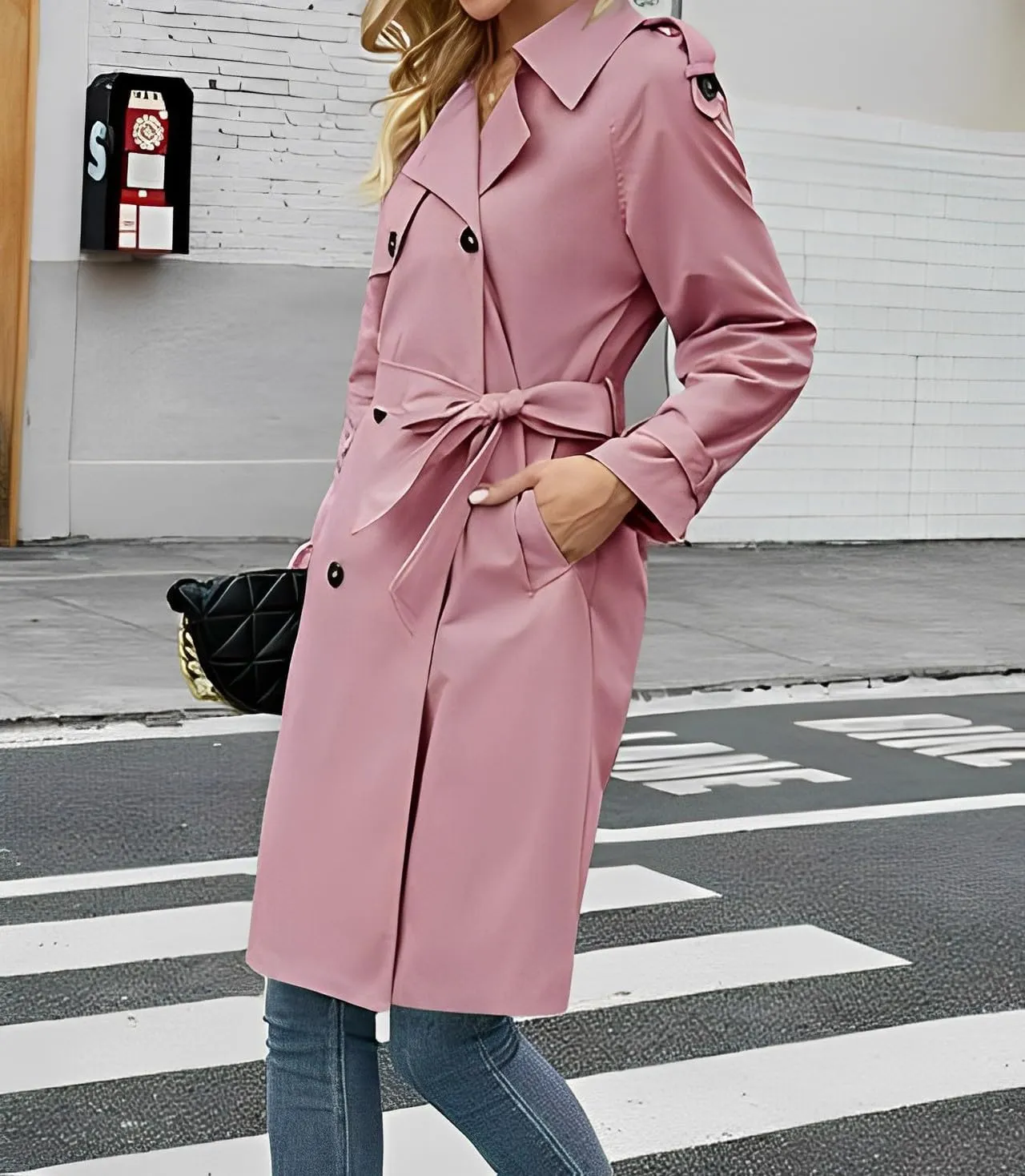 Womens Fall Windproof Double Breasted Long Trench Coat Comfy Loose Classic Lapel Belted Overcoat Jacket with 2 Pockets