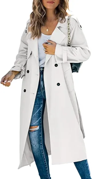 Womens Fall Windproof Double Breasted Long Trench Coat Comfy Loose Classic Lapel Belted Overcoat Jacket with 2 Pockets