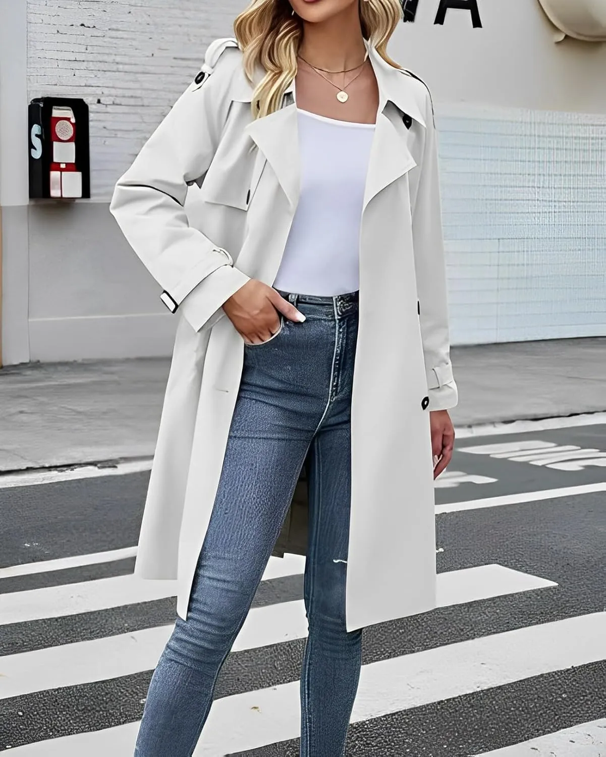 Womens Fall Windproof Double Breasted Long Trench Coat Comfy Loose Classic Lapel Belted Overcoat Jacket with 2 Pockets