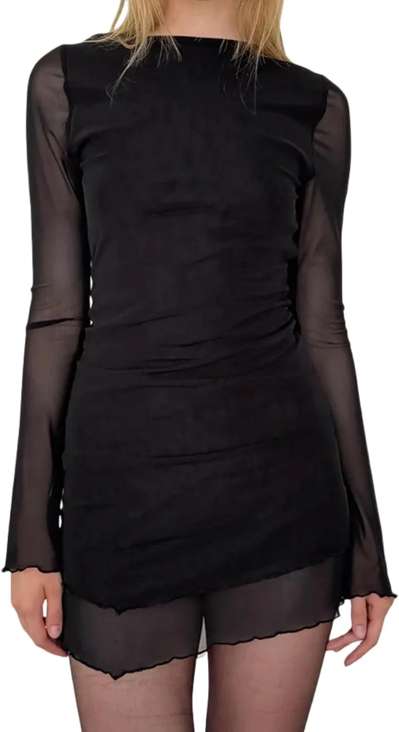 Womens Floral Tie Dye Sheer Mesh Mini Dress Sexy Mock Neck Split Bodycon Flared Long Sleeve Beach Party Dress