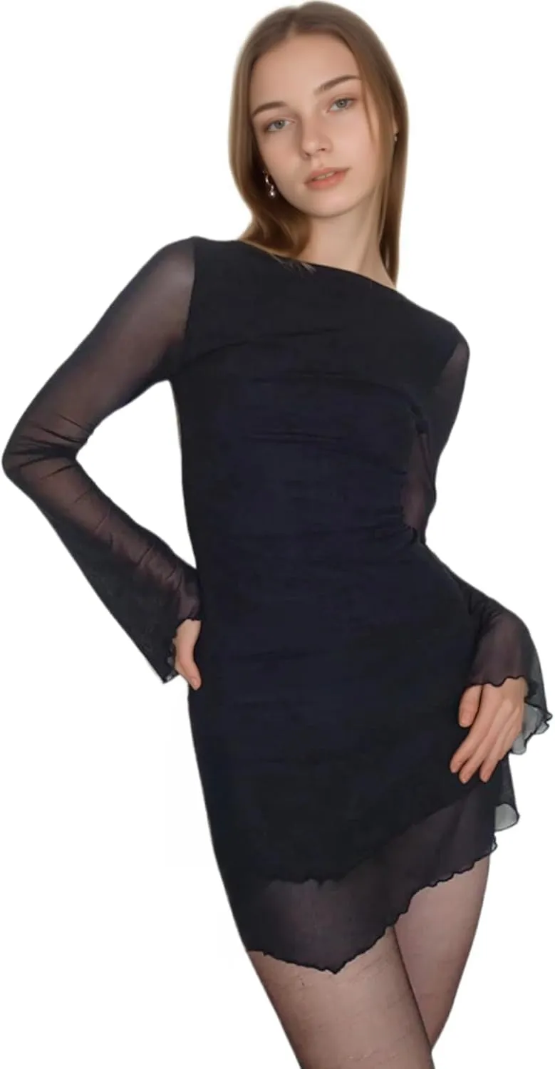 Womens Floral Tie Dye Sheer Mesh Mini Dress Sexy Mock Neck Split Bodycon Flared Long Sleeve Beach Party Dress