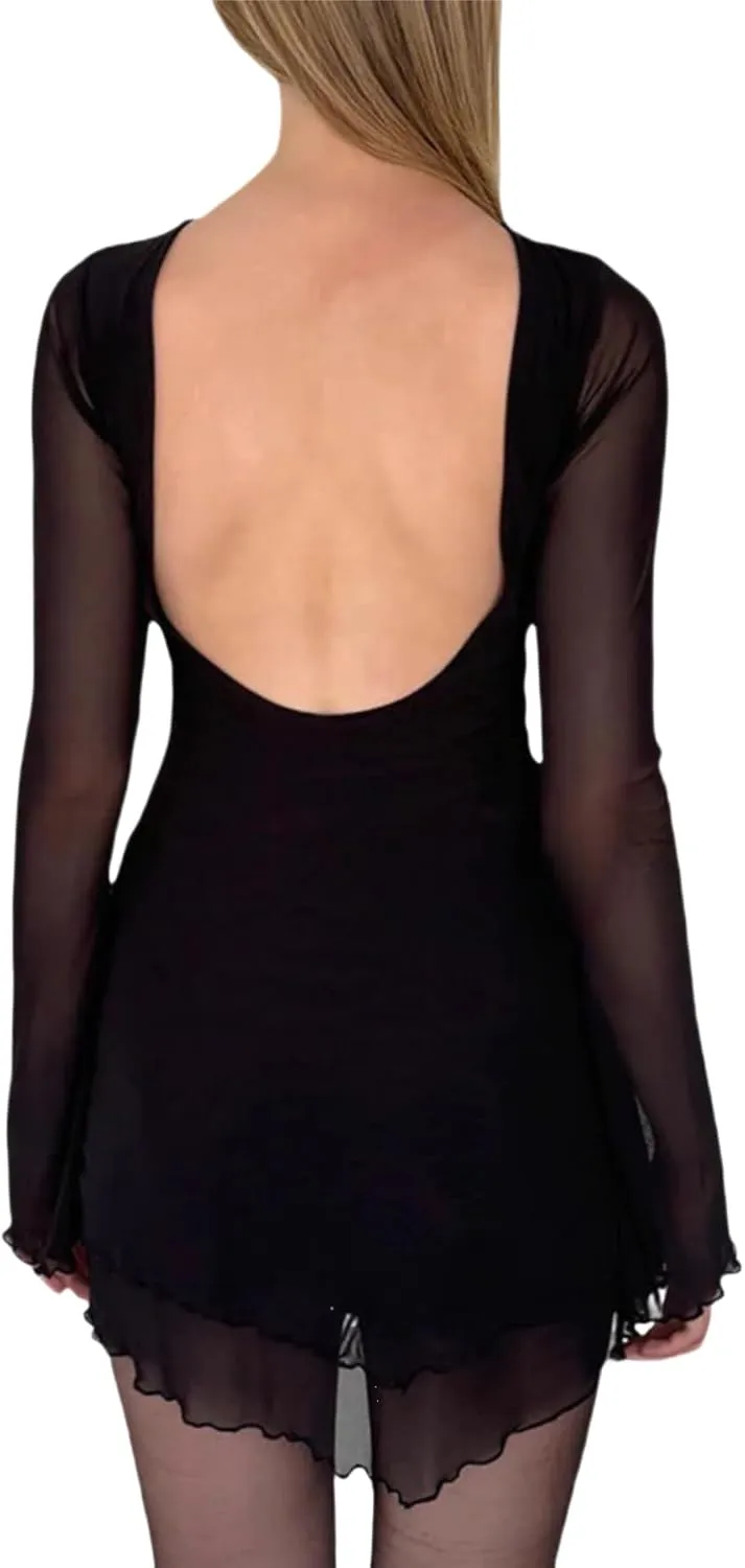 Womens Floral Tie Dye Sheer Mesh Mini Dress Sexy Mock Neck Split Bodycon Flared Long Sleeve Beach Party Dress