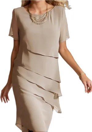 Womens Flowy Tiered Chiffon Dress Summer Elegant Short Sleeve Layered Midi Wedding Guest Cocktail Dress