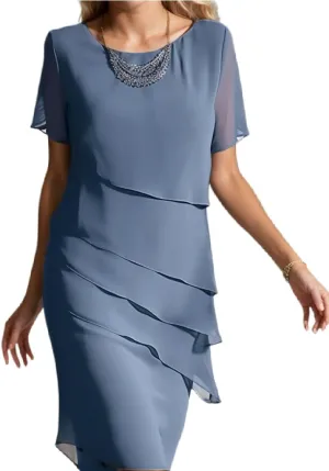 Womens Flowy Tiered Chiffon Dress Summer Elegant Short Sleeve Layered Midi Wedding Guest Cocktail Dress