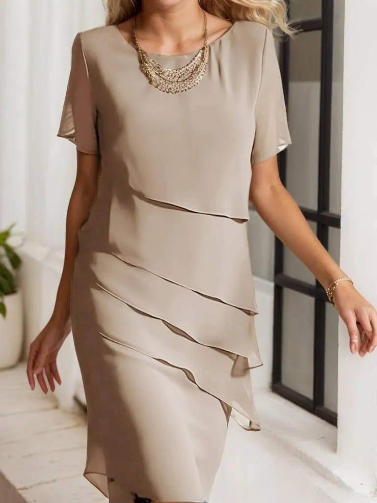 Womens Flowy Tiered Chiffon Dress Summer Elegant Short Sleeve Layered Midi Wedding Guest Cocktail Dress