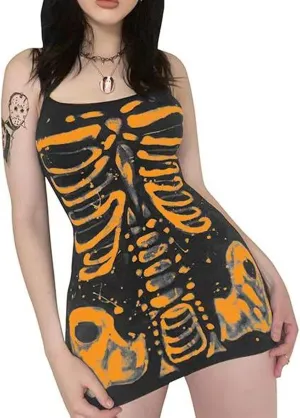 Women's Halloween Gothic Bodycon Mini Dress Spaghetti Strap Skeleton Print Camisole Dress Cosplay Party Streetwear