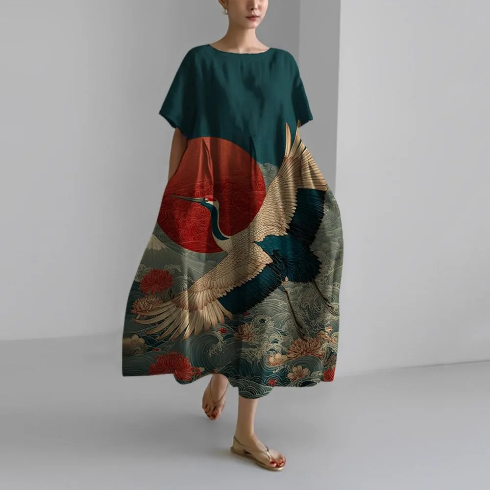 Womens Japanese Art Print Dress Vintage Summer Dresses for Women 2025 Crew Neck Short Sleeve Midi Dress with Pockets