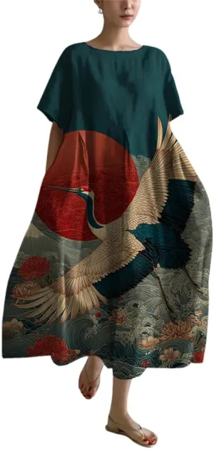 Womens Japanese Art Print Dress Vintage Summer Dresses for Women 2025 Crew Neck Short Sleeve Midi Dress with Pockets
