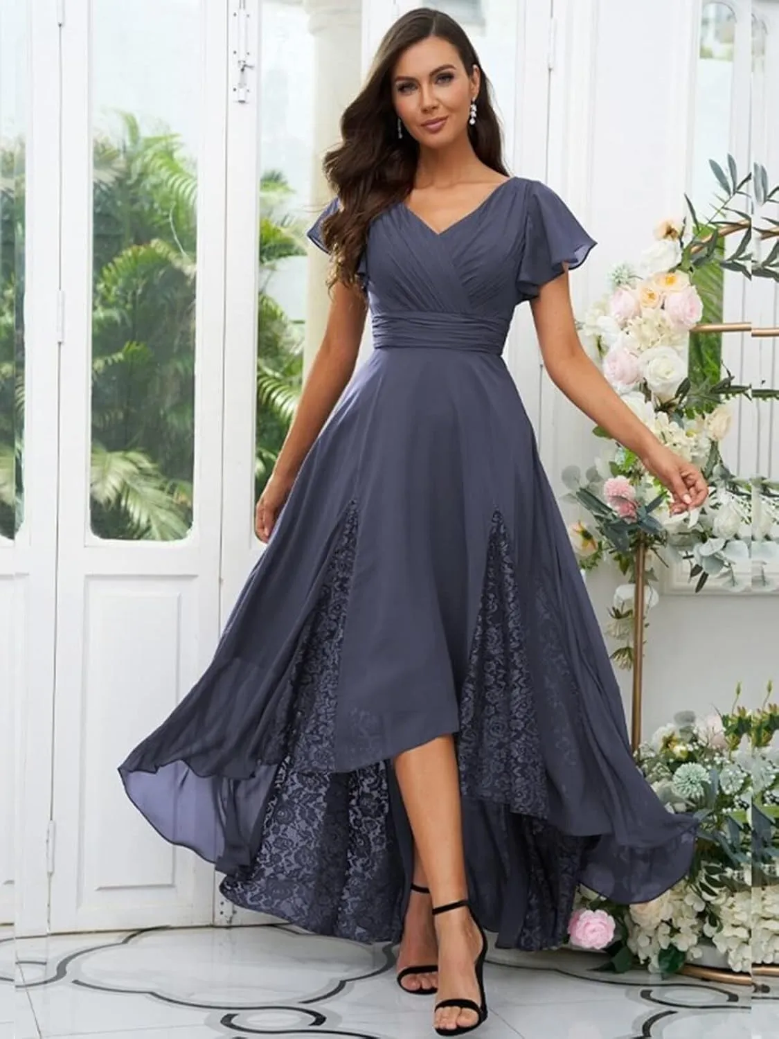 Womens Lace Tea Length Mother of The Bride Dresses Short Sleeve Wedding Guest Dress Formal Evening Ball Gown HQ-ABC905