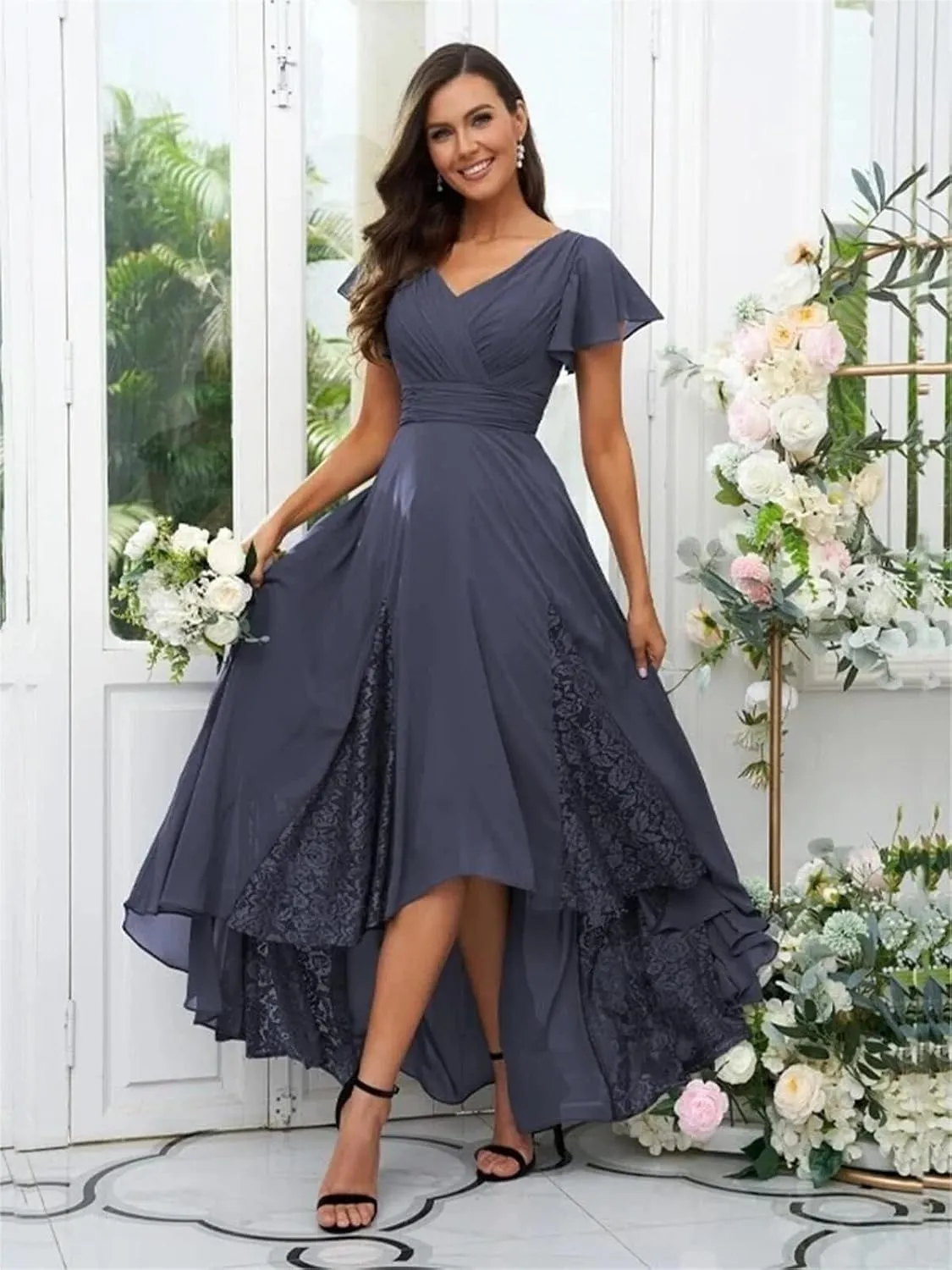 Womens Lace Tea Length Mother of The Bride Dresses Short Sleeve Wedding Guest Dress Formal Evening Ball Gown HQ-ABC905