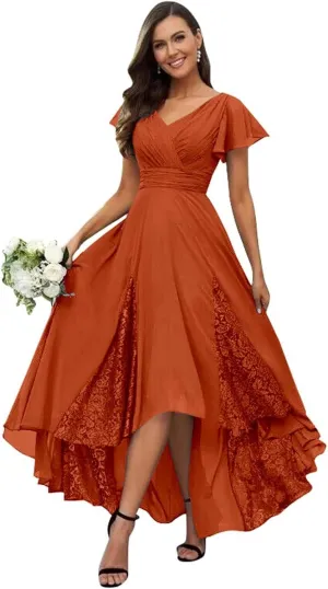 Womens Lace Tea Length Mother of The Bride Dresses Short Sleeve Wedding Guest Dress Formal Evening Ball Gown HQ-ABC905