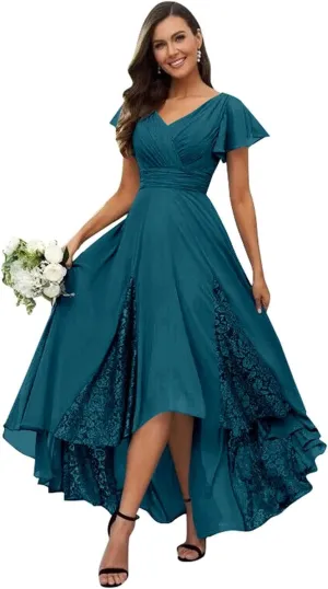 Womens Lace Tea Length Mother of The Bride Dresses Short Sleeve Wedding Guest Dress Formal Evening Ball Gown HQ-ABC905
