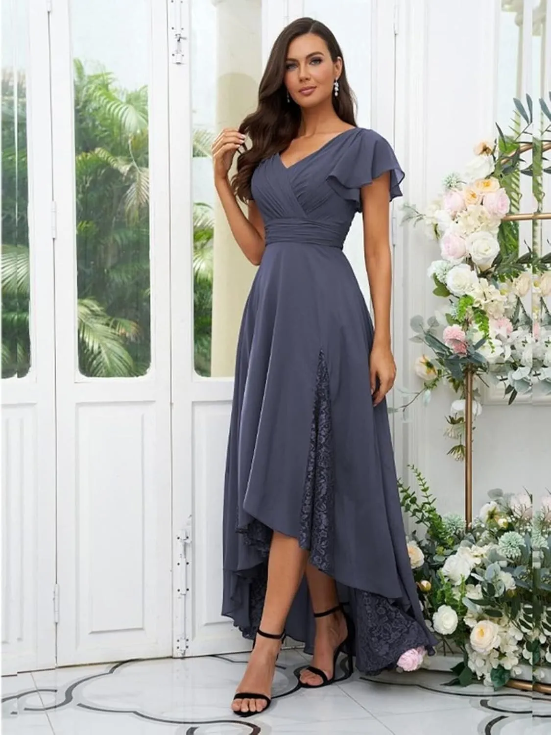 Womens Lace Tea Length Mother of The Bride Dresses Short Sleeve Wedding Guest Dress Formal Evening Ball Gown HQ-ABC905