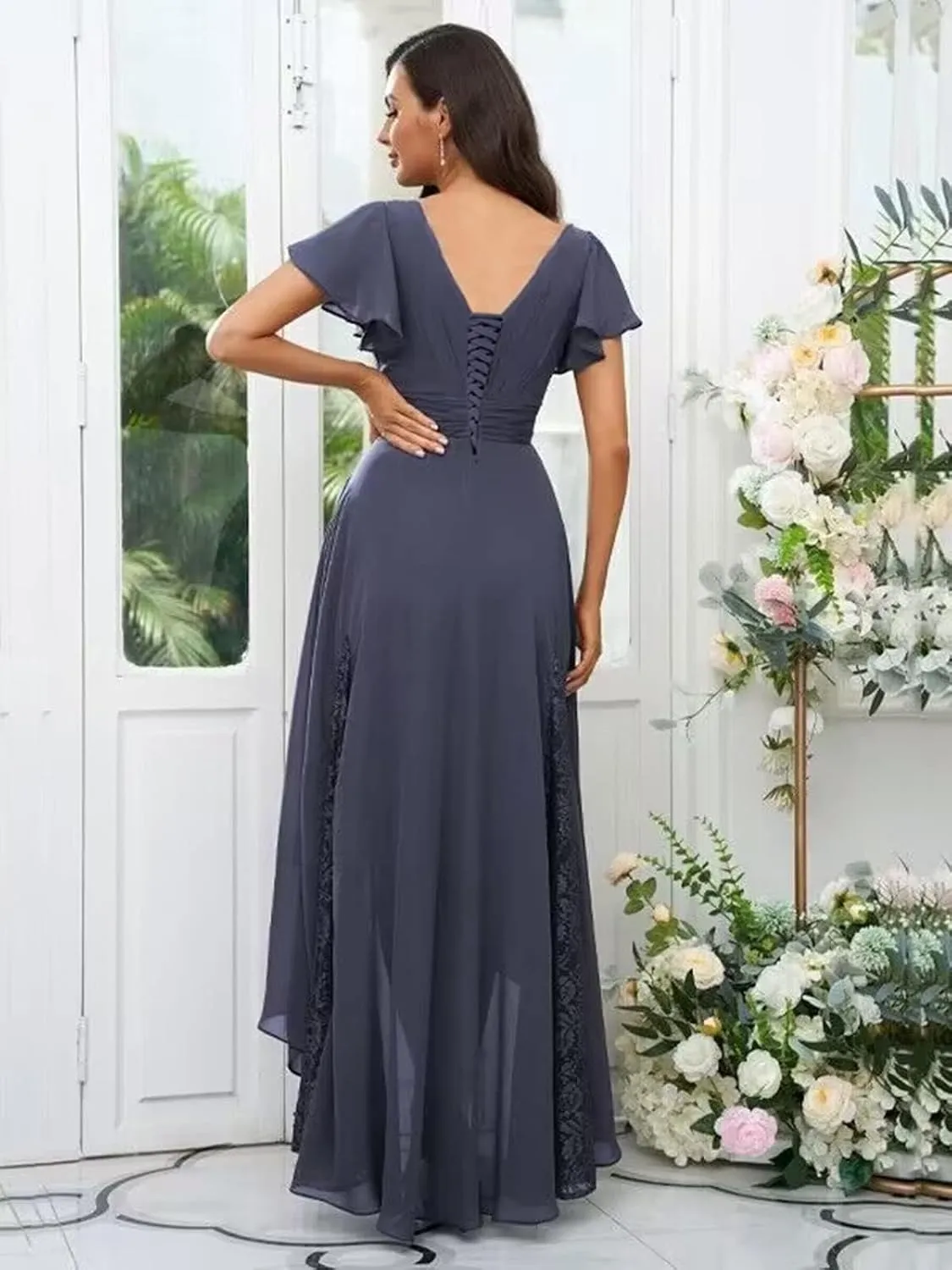 Womens Lace Tea Length Mother of The Bride Dresses Short Sleeve Wedding Guest Dress Formal Evening Ball Gown HQ-ABC905
