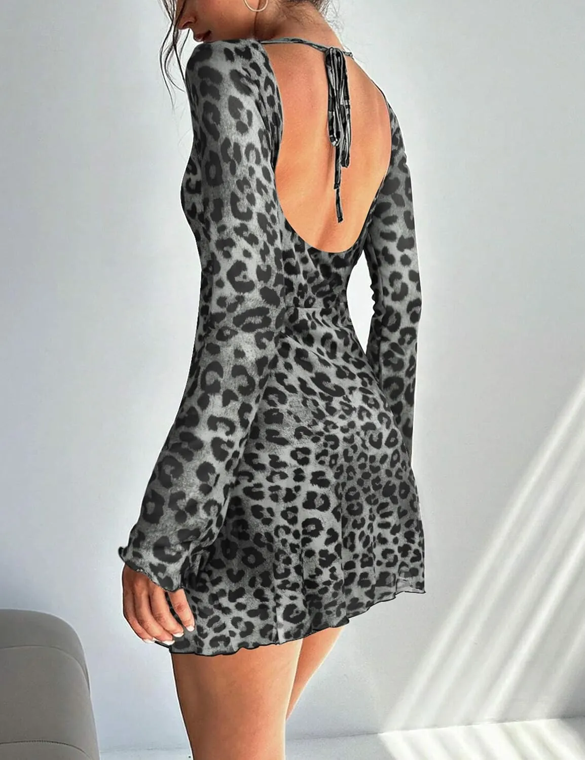 Women's Leopard Print Dress Cheetah Long Sleeve Mini Y2k Backless Mesh Party Date Bodycon Night Mini Dresses