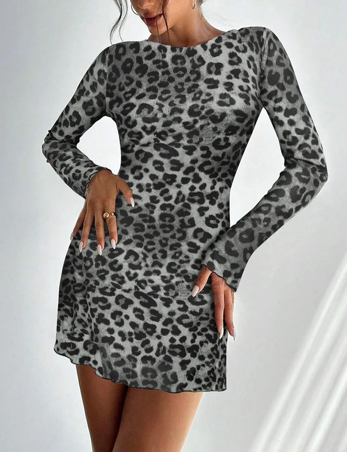 Women's Leopard Print Dress Cheetah Long Sleeve Mini Y2k Backless Mesh Party Date Bodycon Night Mini Dresses