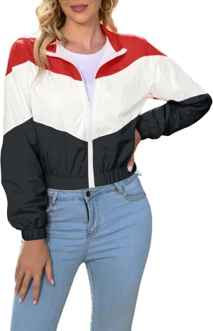 Womens Lightweight Windbreaker Sport Jacket Zip Up Color Block Coat Casual Long Sleeve Jogging Outerwear