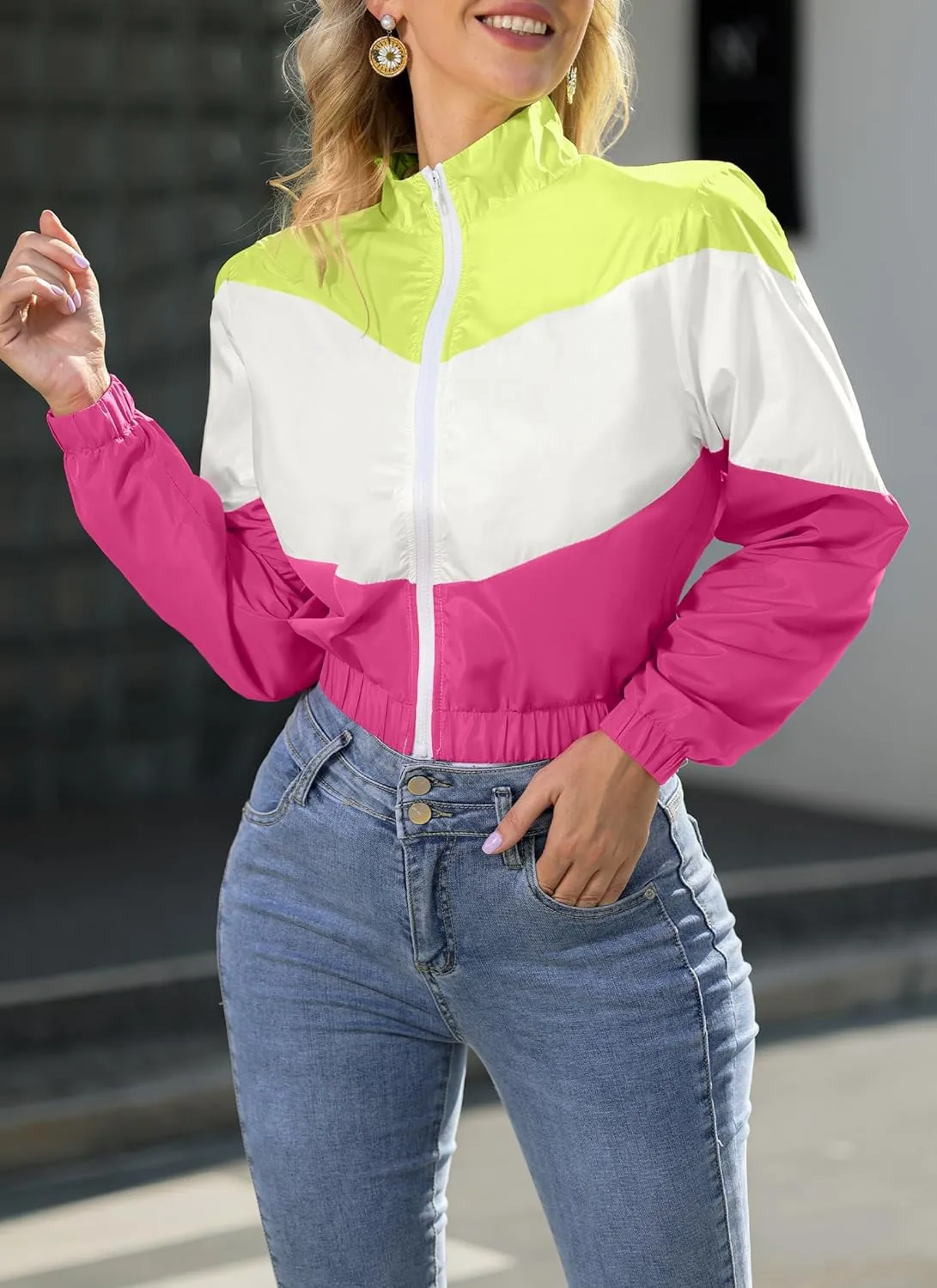 Womens Lightweight Windbreaker Sport Jacket Zip Up Color Block Coat Casual Long Sleeve Jogging Outerwear