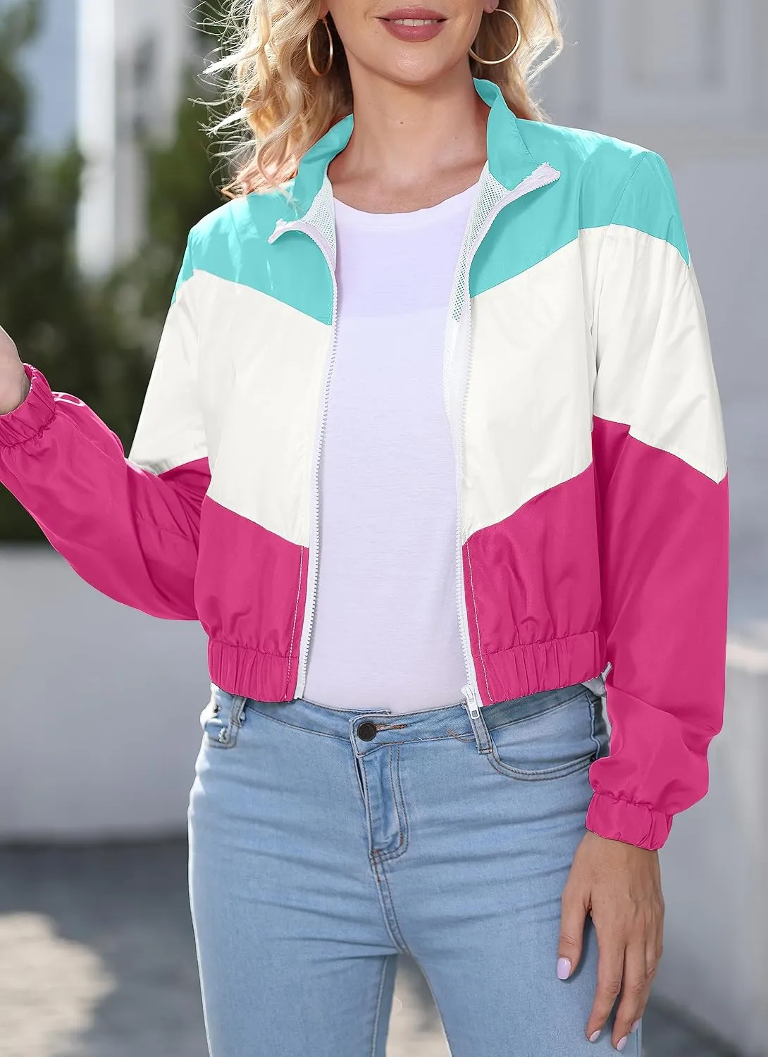 Womens Lightweight Windbreaker Sport Jacket Zip Up Color Block Coat Casual Long Sleeve Jogging Outerwear