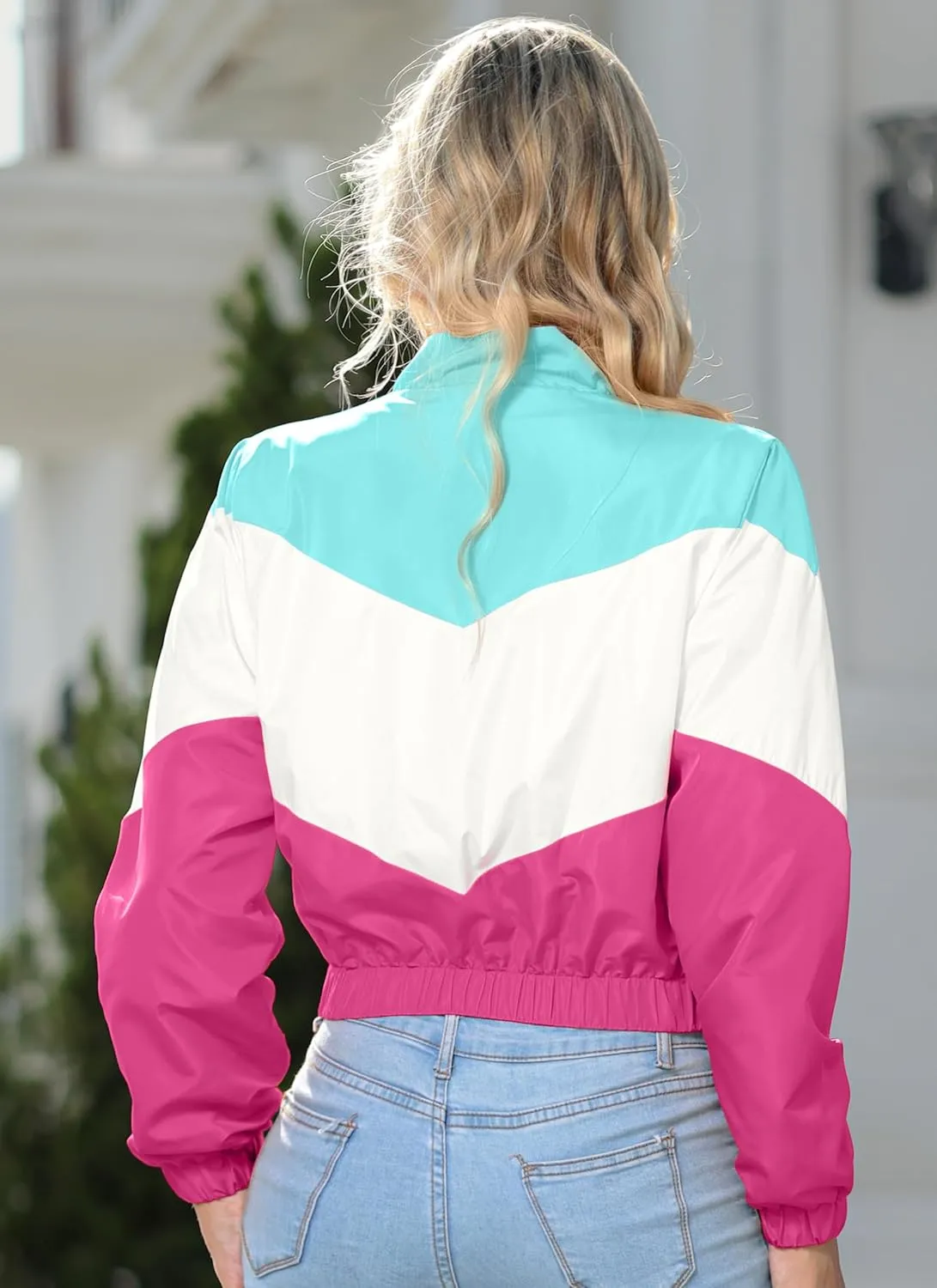 Womens Lightweight Windbreaker Sport Jacket Zip Up Color Block Coat Casual Long Sleeve Jogging Outerwear