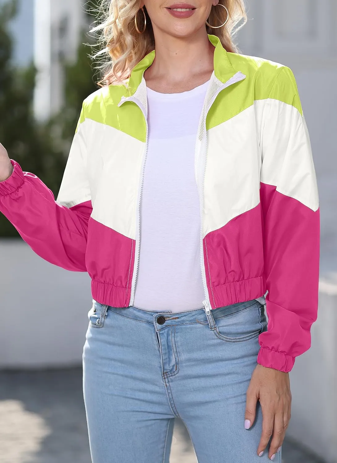 Womens Lightweight Windbreaker Sport Jacket Zip Up Color Block Coat Casual Long Sleeve Jogging Outerwear