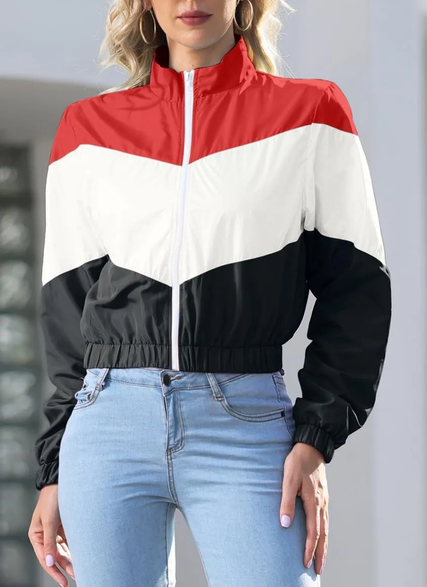 Womens Lightweight Windbreaker Sport Jacket Zip Up Color Block Coat Casual Long Sleeve Jogging Outerwear