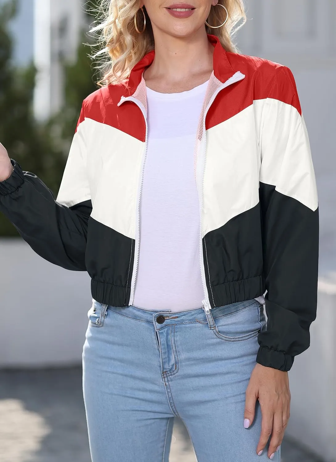 Womens Lightweight Windbreaker Sport Jacket Zip Up Color Block Coat Casual Long Sleeve Jogging Outerwear