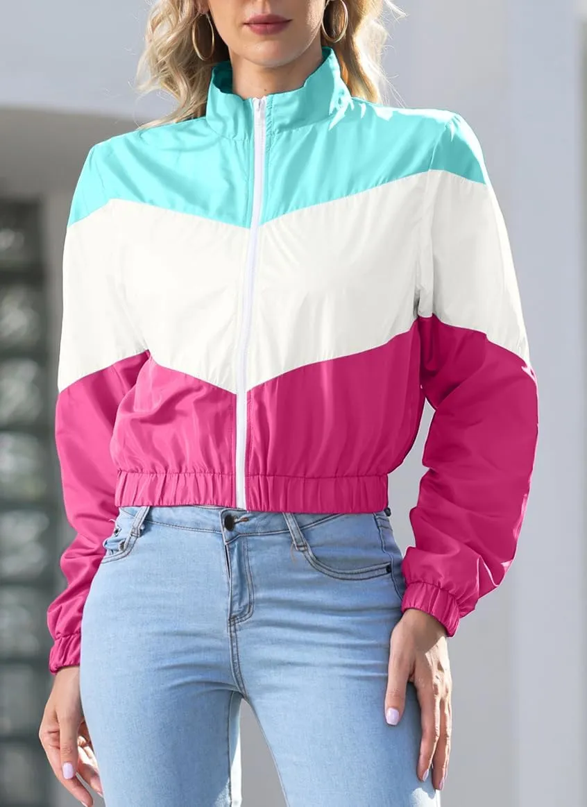Womens Lightweight Windbreaker Sport Jacket Zip Up Color Block Coat Casual Long Sleeve Jogging Outerwear