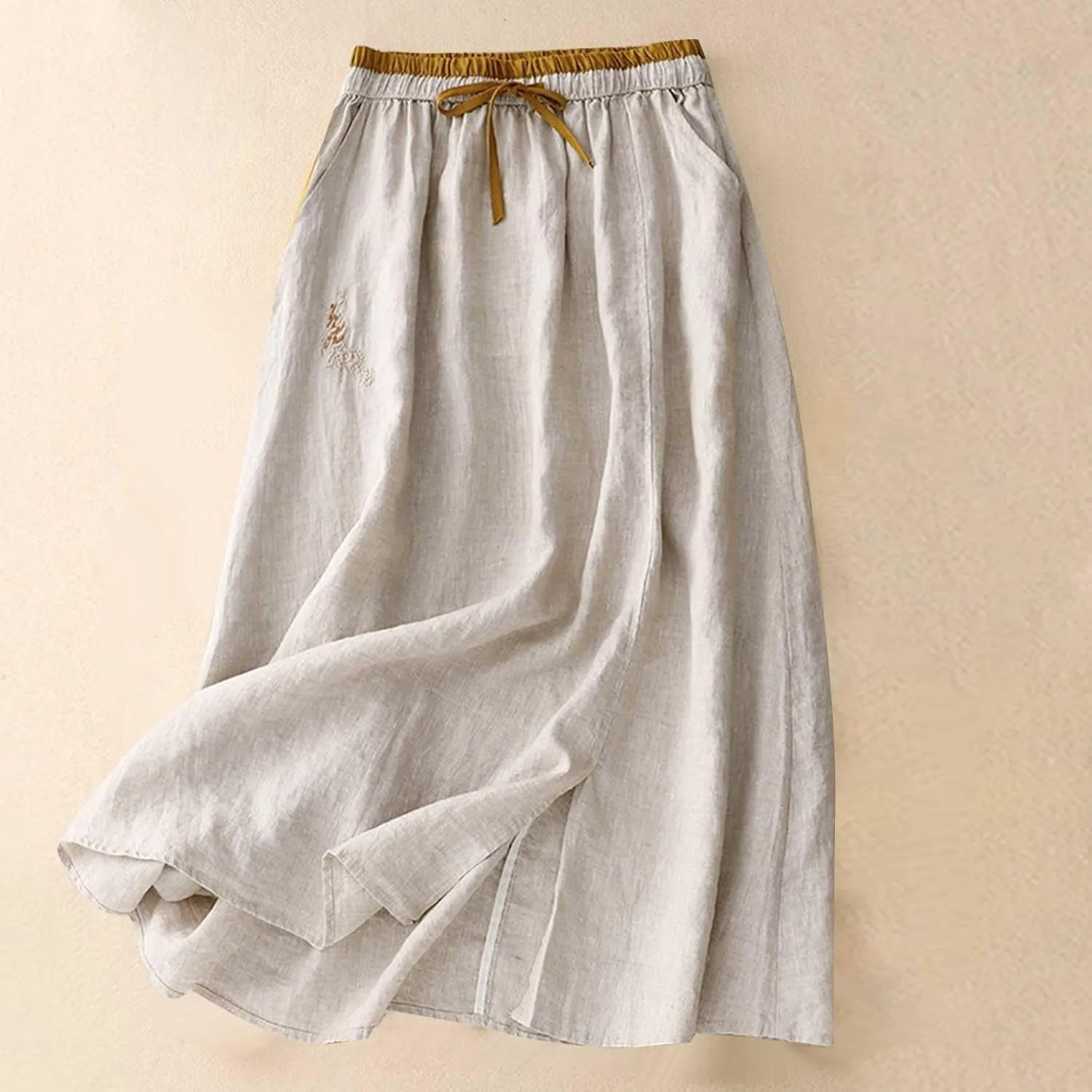 Womens Linen Cotton Skirts Drawstring Elastic Waist Comfy Loose Boho Skirts with Pockets Lightweight Sumnmer Skirts