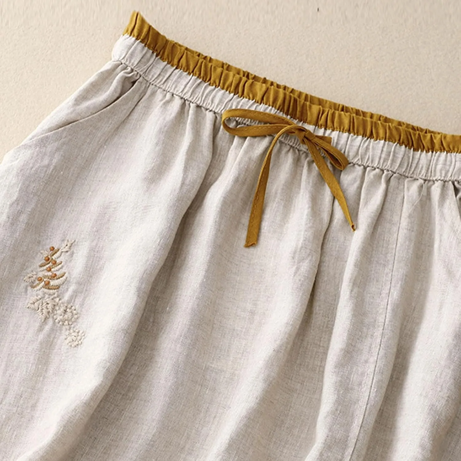 Womens Linen Cotton Skirts Drawstring Elastic Waist Comfy Loose Boho Skirts with Pockets Lightweight Sumnmer Skirts