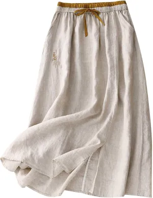 Womens Linen Cotton Skirts Drawstring Elastic Waist Comfy Loose Boho Skirts with Pockets Lightweight Sumnmer Skirts
