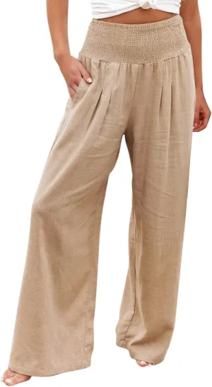 Womens Linen Pants 2025 Summer Casual Loose Wide Leg Palazzo Pants High Waisted Smocked Flowy Beach Trousers with Pockets