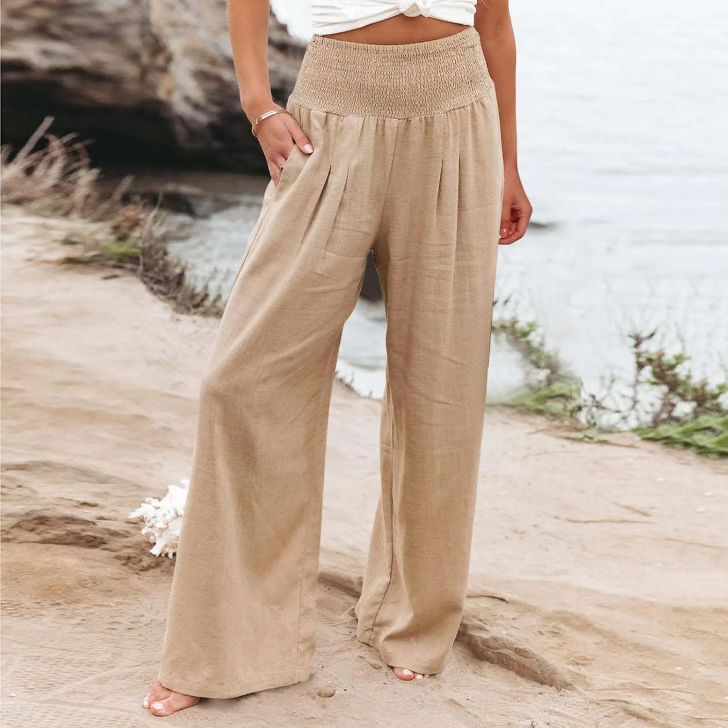 Womens Linen Pants 2025 Summer Casual Loose Wide Leg Palazzo Pants High Waisted Smocked Flowy Beach Trousers with Pockets