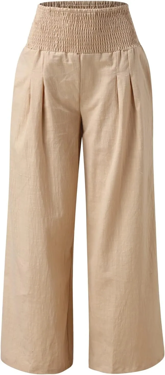 Womens Linen Pants 2025 Summer Casual Loose Wide Leg Palazzo Pants High Waisted Smocked Flowy Beach Trousers with Pockets