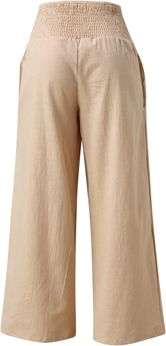 Womens Linen Pants 2025 Summer Casual Loose Wide Leg Palazzo Pants High Waisted Smocked Flowy Beach Trousers with Pockets