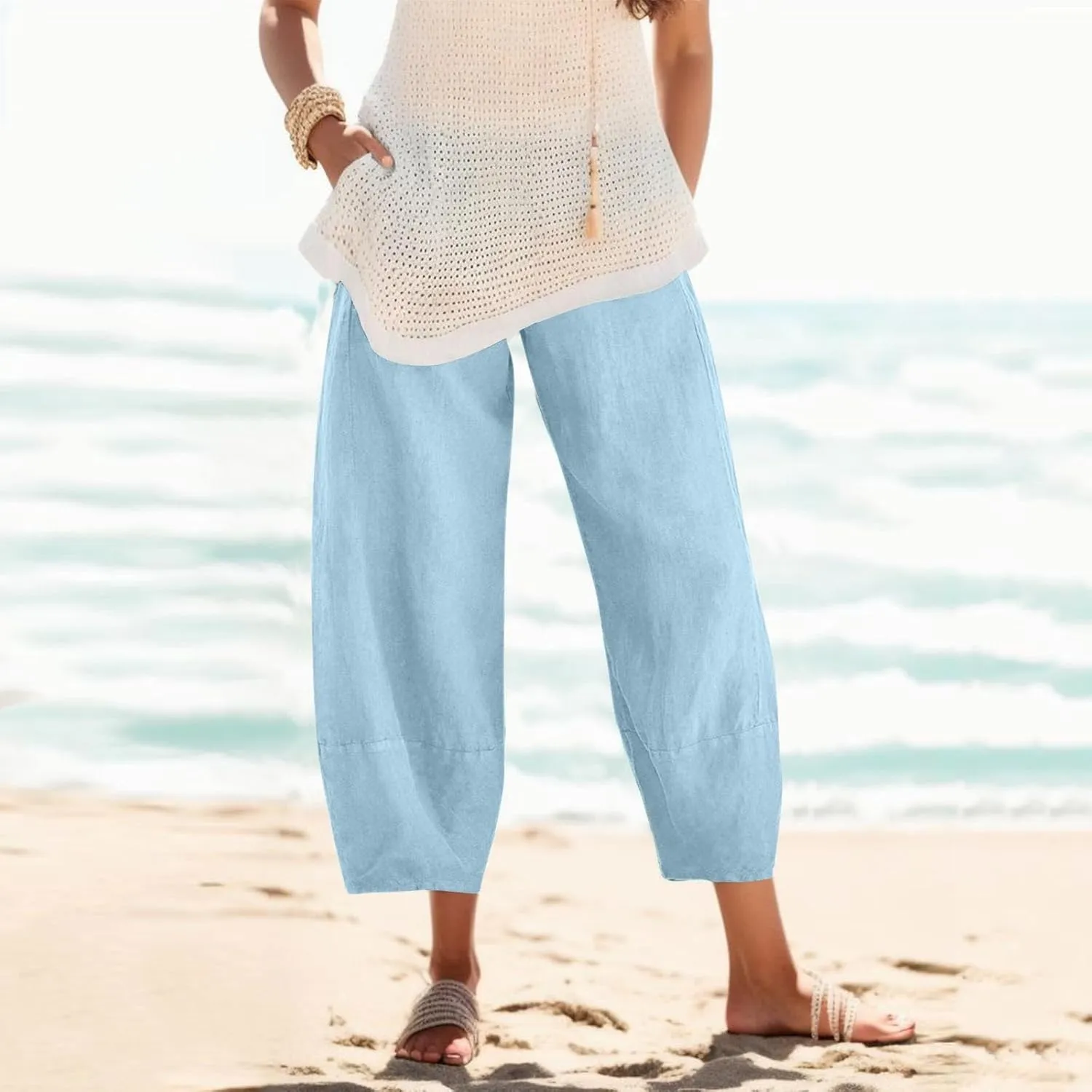 Womens Linen Pants High Waisted Wide Leg Pants Summer Loose Fit Tapered Trousers Casual Capris Pant