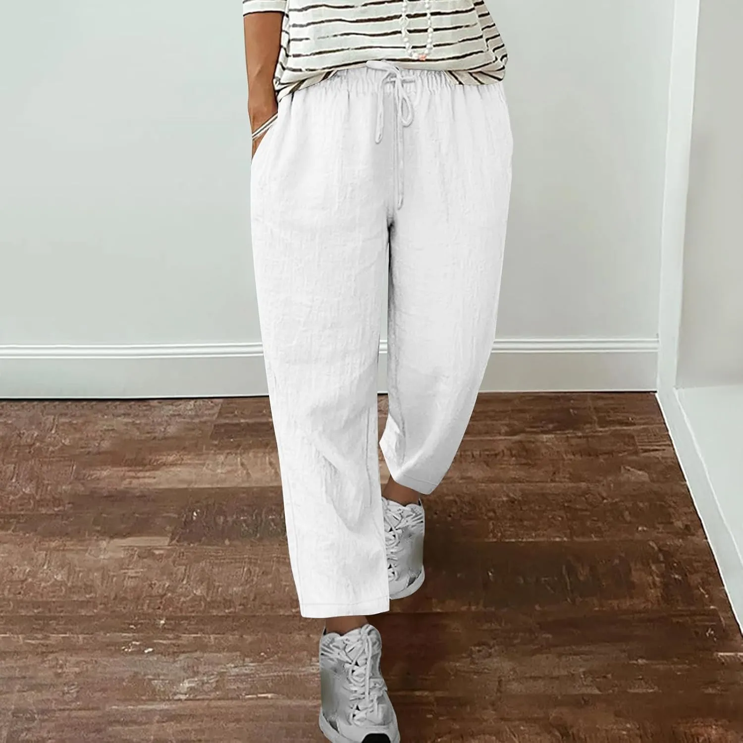 Women's Linen Pants Summer Cropped Pants Lightweight Straight Slacks Elastic Waist Casual Pant Trousers with Pockets