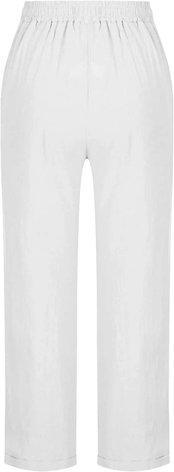 Women's Linen Pants Summer Cropped Pants Lightweight Straight Slacks Elastic Waist Casual Pant Trousers with Pockets